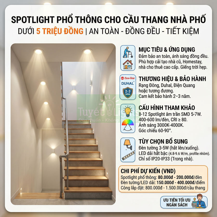 Đèn spotlight chiếu sáng cầu thang nhà phố, bố trí dọc tường và bậc thang, ánh sáng vàng đồng đều tiết kiệm điện